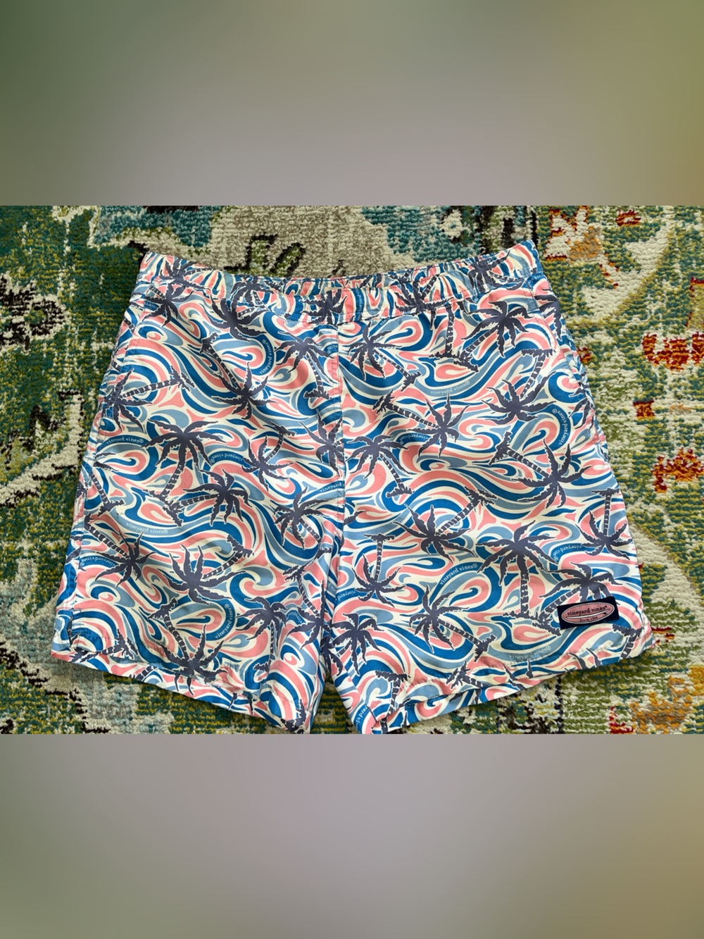 Vineyard Vines Palm Trees Print Swim Trunks Mens M Pink Blue Swim Bottoms 7"